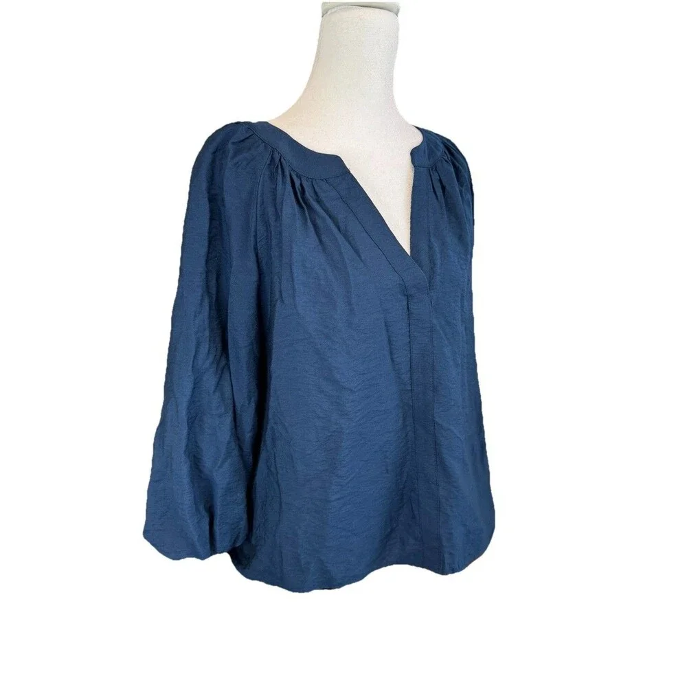 Sonoma Goods for Life Blouse SIZE L Navy Blue Balloon Sleeve Y-neck Shirred NWT
